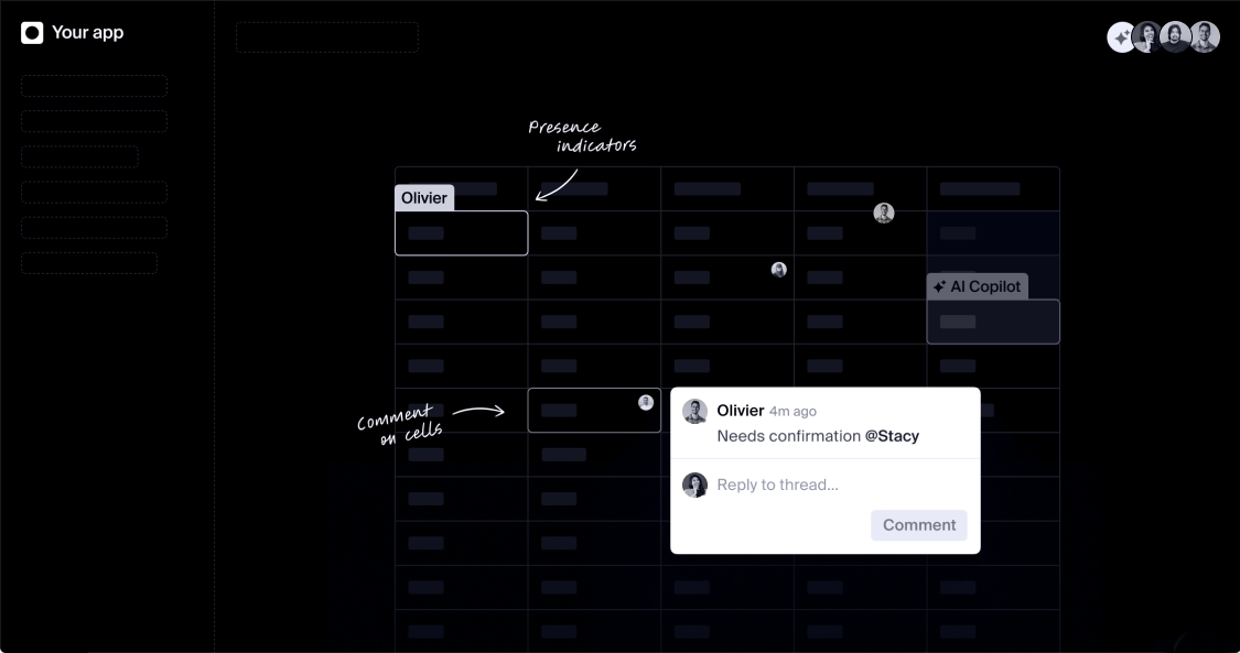 AI-assisted workflow dashboard with comments and status indicators
